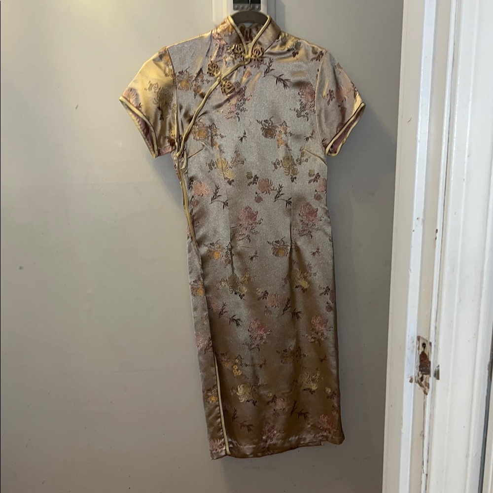 Cream and Gold Midi Dress with Mandarin Collar